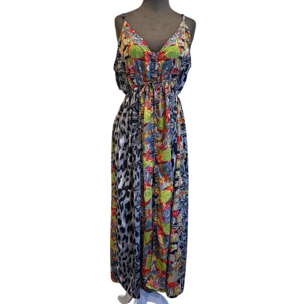 KHAN Silk Blend Mixed Print Maxi Dress Floral Leopard Button Front‎ Free Size